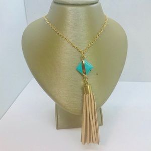 New Gold Tone Faux Turquoise Tassel Necklace